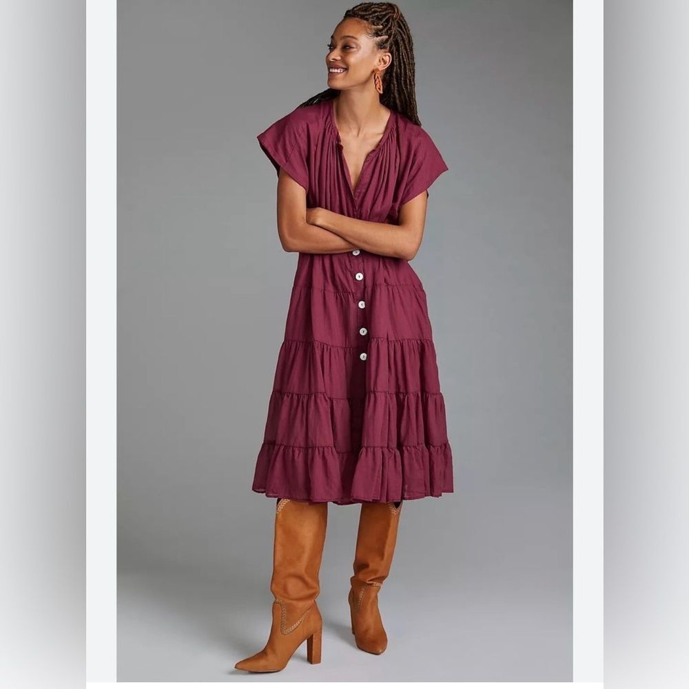 Erika Pena women’s one size tiered wine midi‎ dress button front 100% cotton